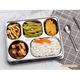 khay cơm inox/ khay chia cơm học sinh, văn phòng 5 ngăn BL