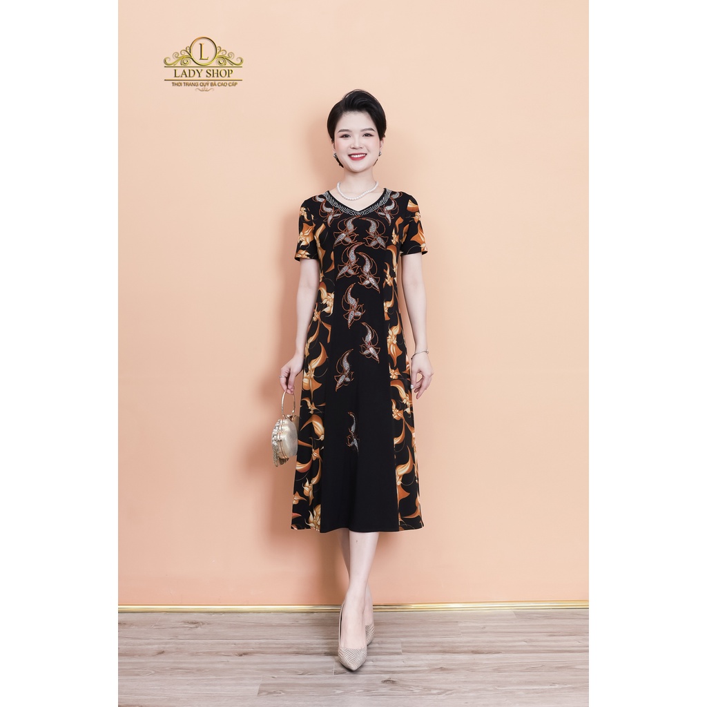Đầm thun tơ hoa phối đá Ladyshop thời trang trung niên cao cấp TK871