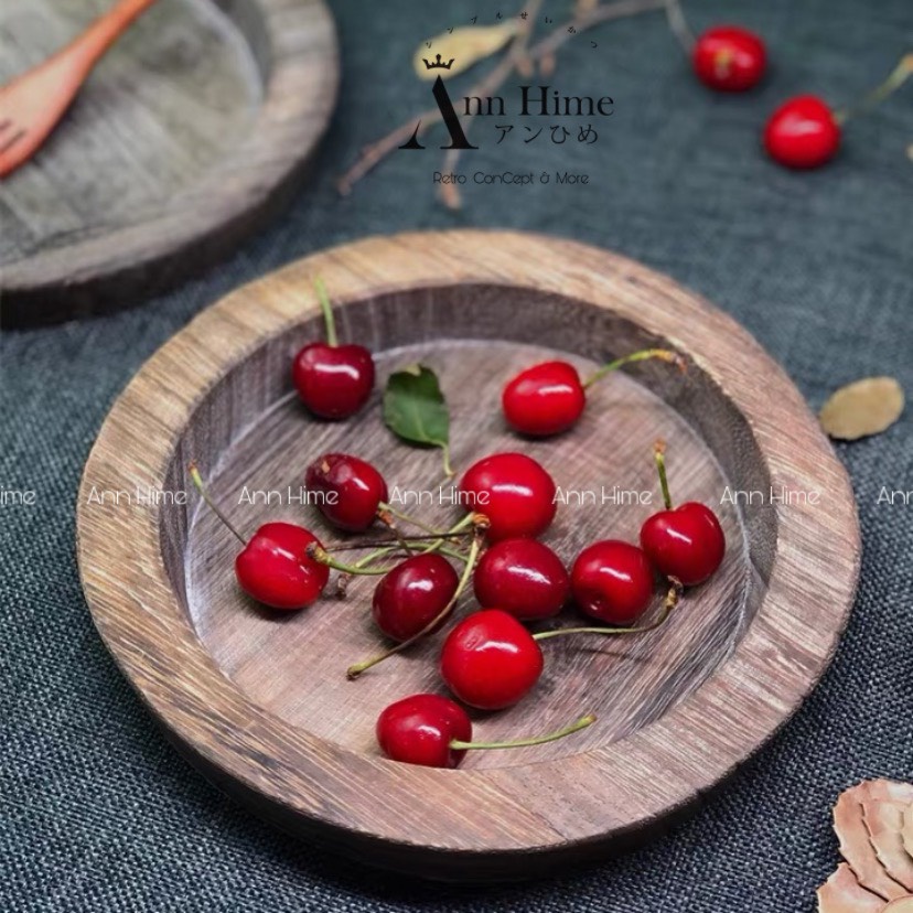 Khay Gỗ Decor Vintage Đựng Đồ Ăn Ấm Chén Hình Tròn Phong Cách Bụi Bặm Cổ Điển