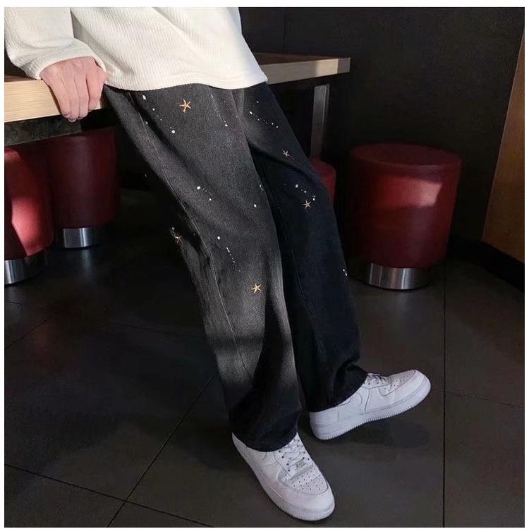 Quần jean dài dáng rộng thêu họa tiết ngôi sao cá tính thời trang dành cho nam