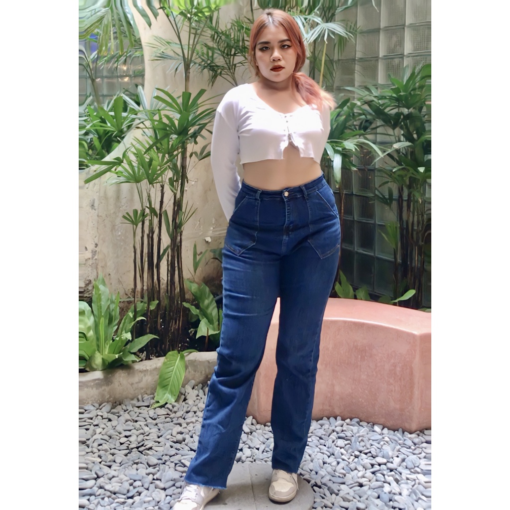 (MÃ 2119) Quần Jean Ống Suông Xanh Đậm, Túi Hộp, Co Giãn Lai Tua Bigsize, Lưng Cao Qua Rốn