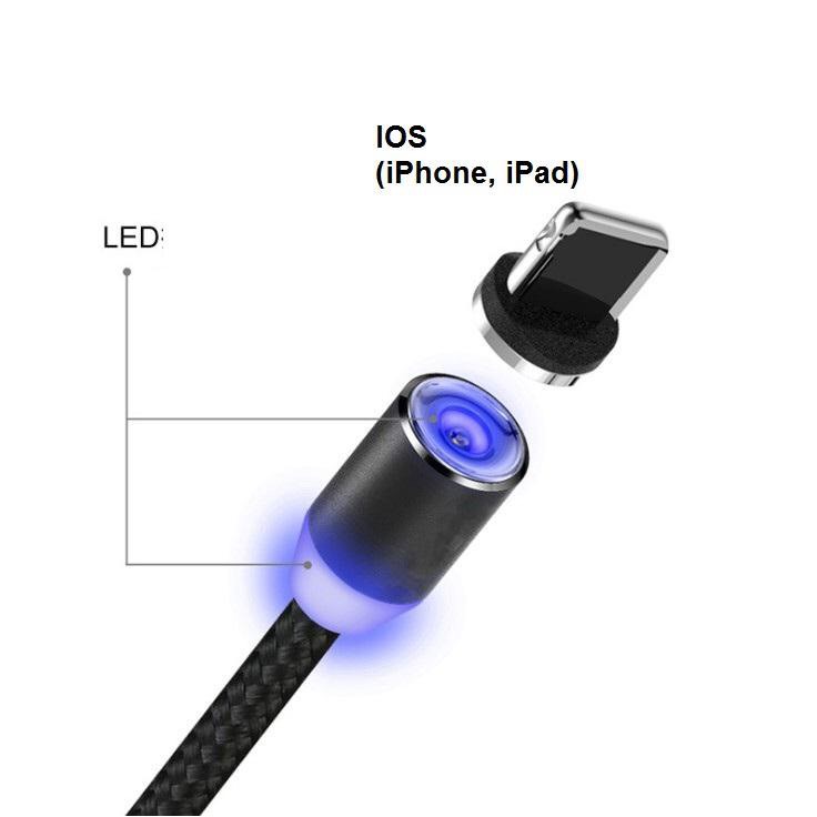 [COMBO 1 DÂY+3 ĐẦU SẠC] Cáp sạc từ hút nam châm đầu Iphone- micro USB - Type C - Dây dù - xoay 360 độ có LED cao cấp