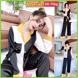 [ 60-75KG ] Bộ ngủ pijama nữ Bigsize lụa satin Mickeyy phối đen vàng độc đáo sang chảnh