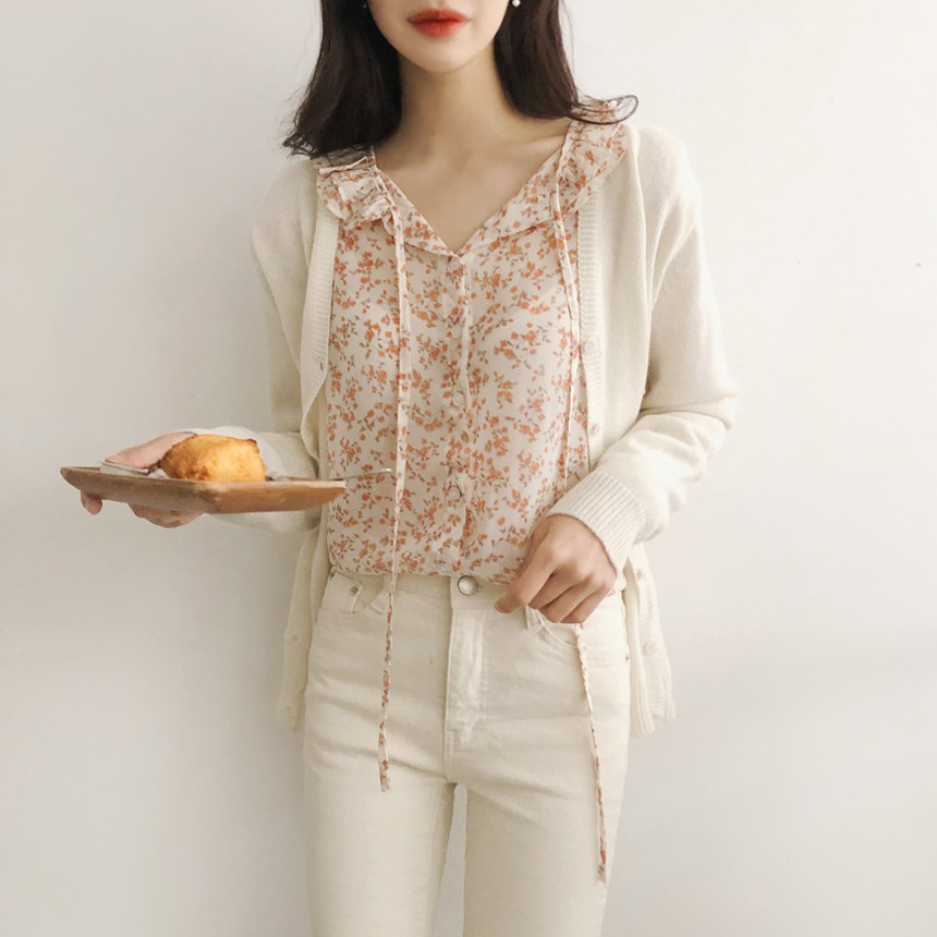 Áo voan hoa tay dài cột dây phong cách thời trang Hàn Quốc 27394