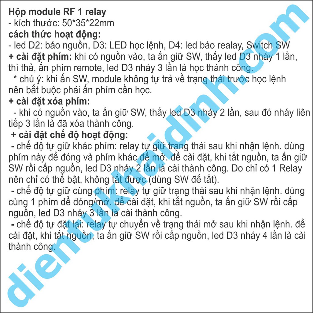 hộp module RF 1 Relay 12V, 315mhz, học lệnh, nút nhấn kde4137