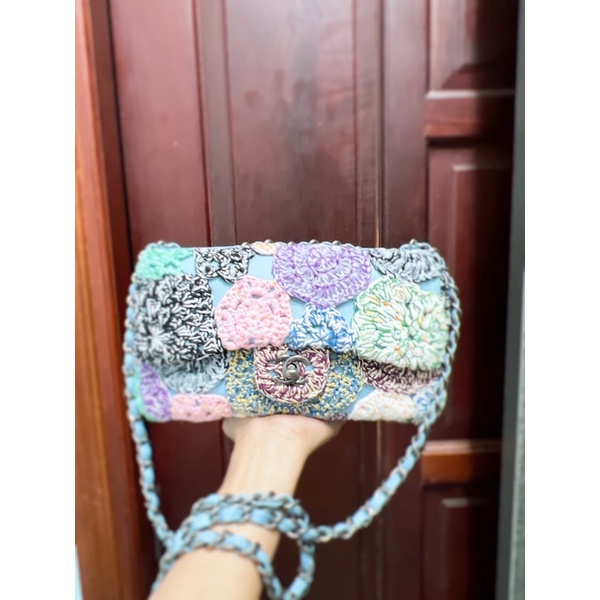 Thanh lý Túi cn classic da thật phối len đan thủ công size 25