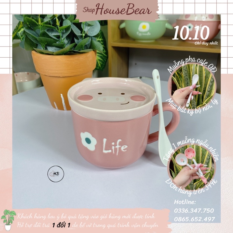 Cốc sứ có nắp đậy hình heo hồng Life