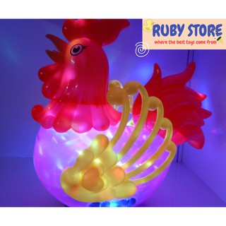 GÀ TRỐNG LỚN TỰ CHẠY, GÁY, CÓ ĐÈN NHIỀU MÀU, NHẠC (Dùng pin)