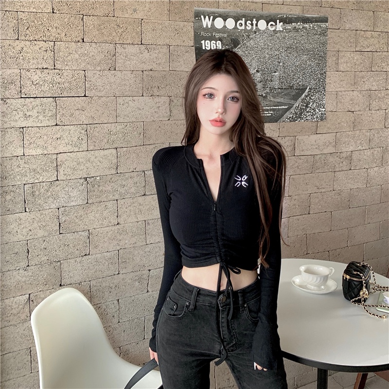 Áo dệt kim ZHELIHANGFEI tay dài lưng cao phối dây rút thời trang quyến rũ cao cấp