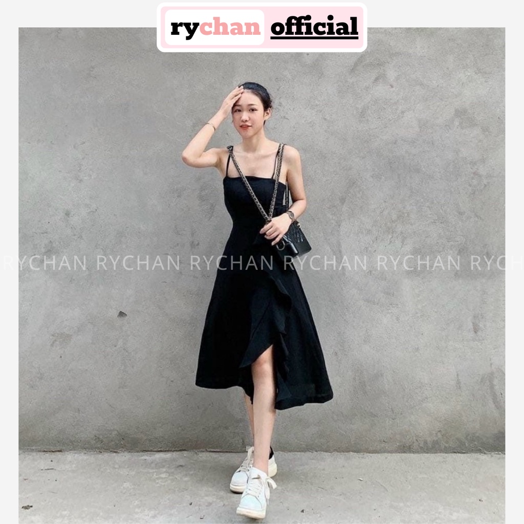 Đầm Đi Biển Hai Dây Tùng Phối Bèo Xẻ Tà Quyến Rũ, Váy Nữ Dạo Phố Hai Dây Phong Cách Năng Động 2 Màu Vàng Đen - DX9758