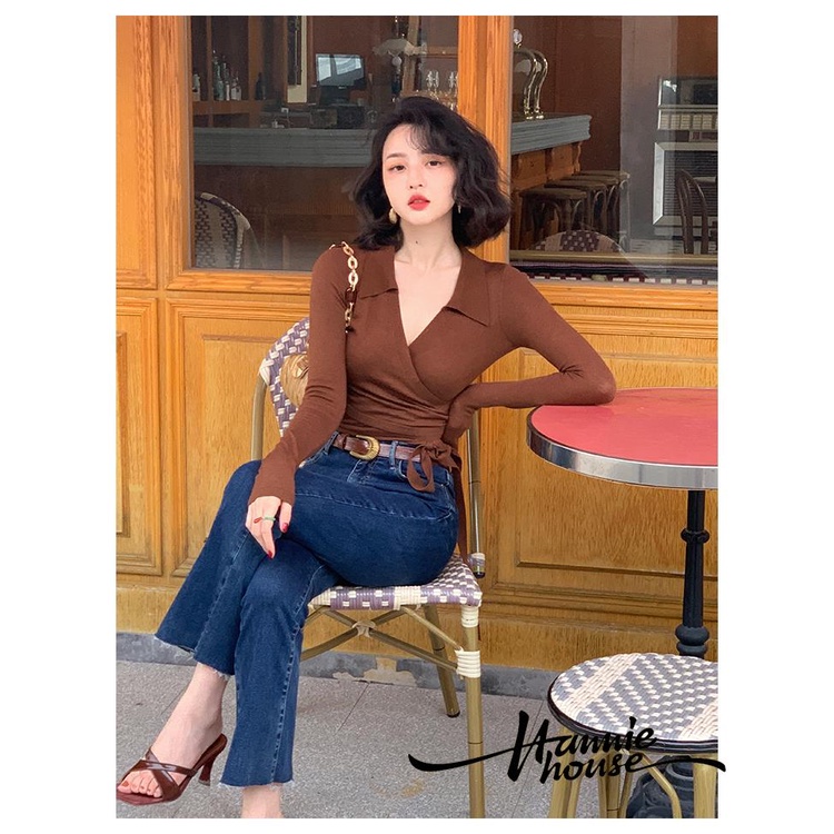 Áo dệt kim cột dây tay dài cổ chữ V màu trơn dành cho bạn nữ