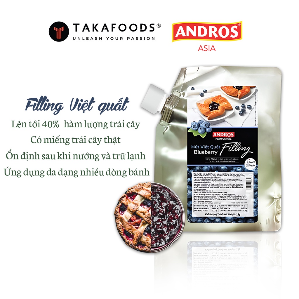 Mứt Làm Bánh Fruit Filling Anndros Vị Việt Quất Túi 1 Kg. Hàng công ty có sẵn giao ngay
