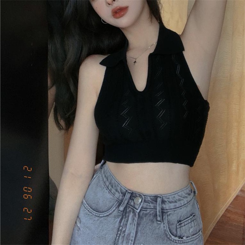 QKOOLE  Áo Dệt Kim Không Tay Cổ POLO Phong Cách Thời Trang Hàn Quốc Dành Cho Nữ