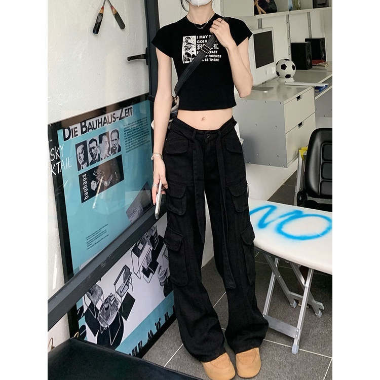 ❏Quần Yếm Jean Ống Rộng Phối Túi Phong Cách Đường Phố Mỹ Cá Tính