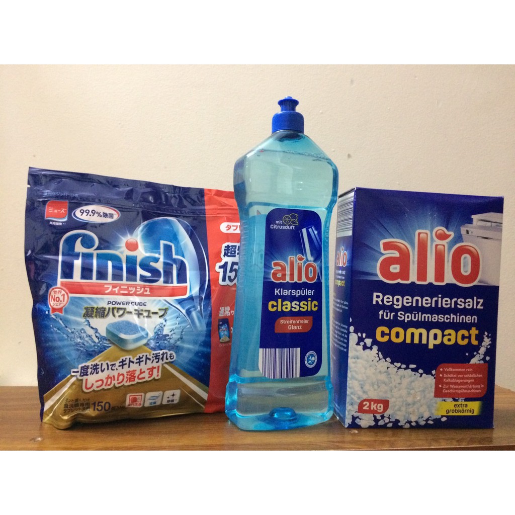 Viên rửa bát Finish Nhật 150 viên + Muối Alio 2kg + Tặng  viên Finish