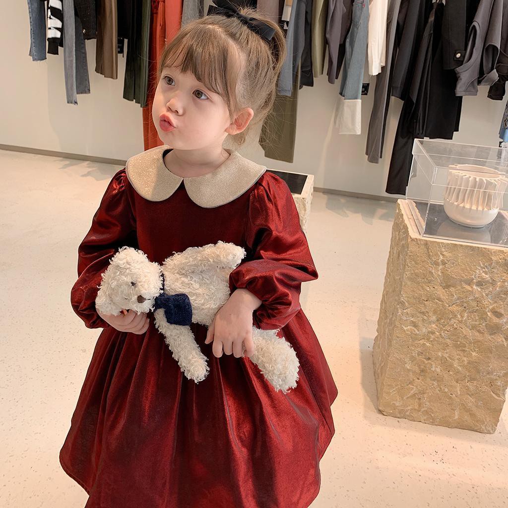 ❤Đầm Công Chúa Tay Dài Lót Lông Cừu Dày Dặn Cổ Búp Bê Màu Đỏ Thời Trang Thu Đông Năm Mới 2021 Cho Bé Gái