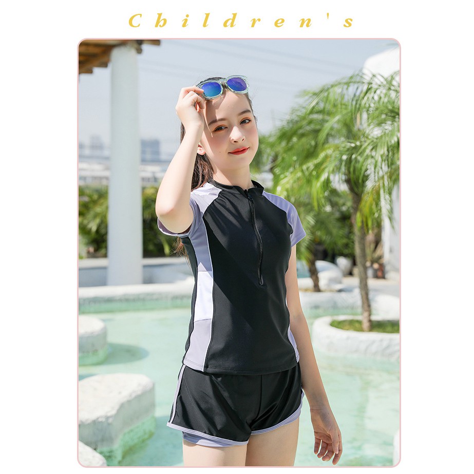 Đồ bơi bé gái lớn dây kéo ngực phối xám 3201 (25-55kg)