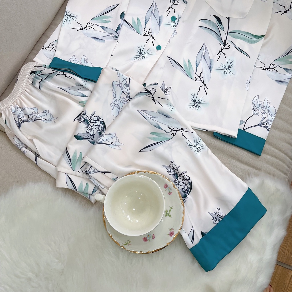 Bộ mặc nhà Pyjama lụa cao cấp Tea Store tay dài quần dài họa tiết hoa xanh | BigBuy360 - bigbuy360.vn