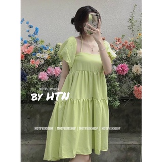 Đầm babydoll thắt 2 dây nơ trắng đen kem xanh bơ rớt tay phồng bèo tầng