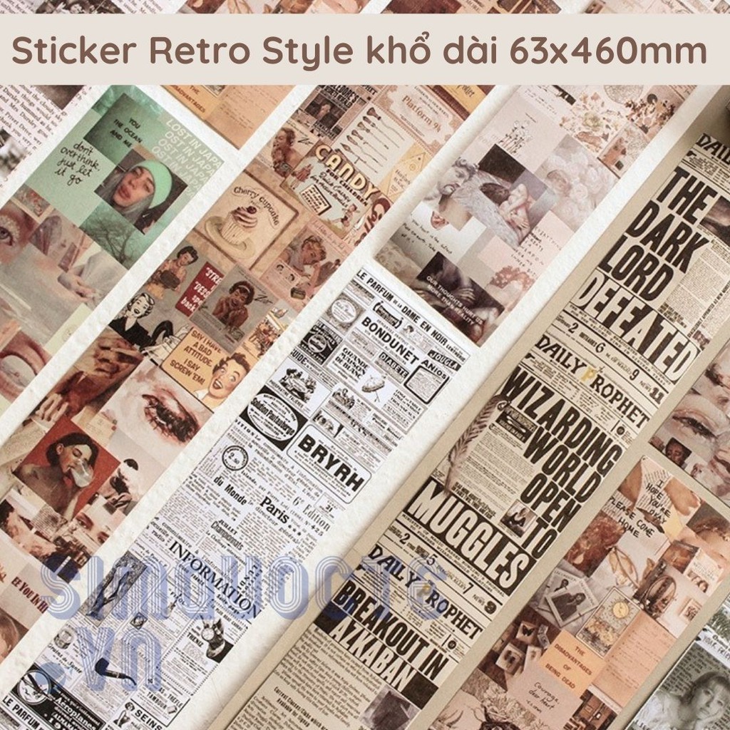 [Cuộn 50 miếng] Nhãn dán sticker thủ công trang trí phong cách retro khổ dài ST03