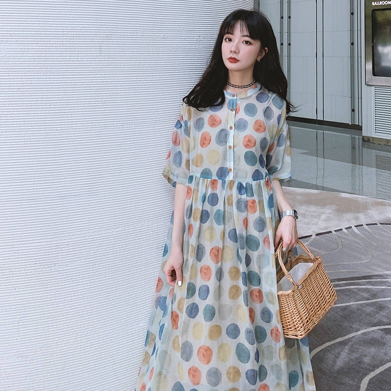 Váy babydoll Đầm Voan Dáng Rộng Lưng Cao Họa Tiết Chấm Bi Thời Trang Mùa Hè Hàng Mới 2021 Dành Cho Bạn Nữ