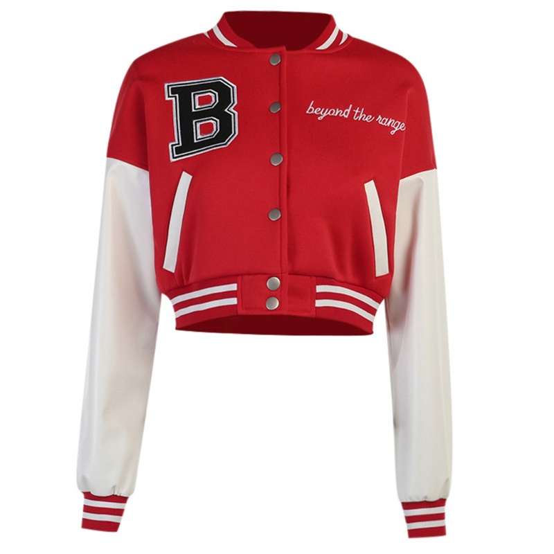 YOUYO Áo khoác bóng chày giả da tay dài dáng ngắn cài nút in chữ phối màu phong cách Harajuku cổ điển cho nữ | BigBuy360 - bigbuy360.vn