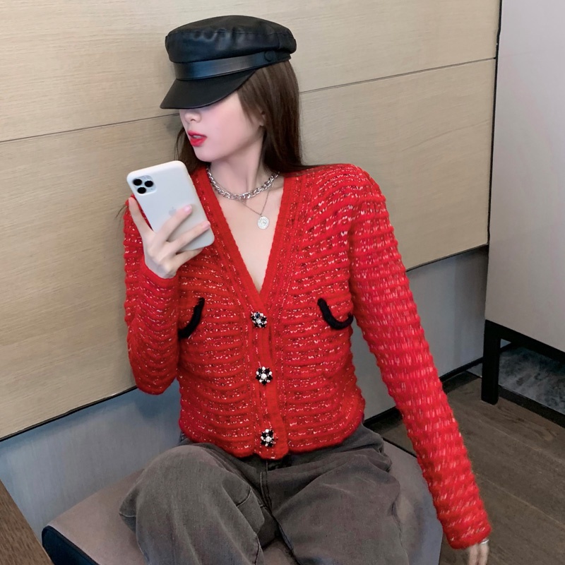 Áo Khoác Cardigan Len Đỏ Túi Hộp LSEOUL K0301 Chất Dày Dặn Cá Tính