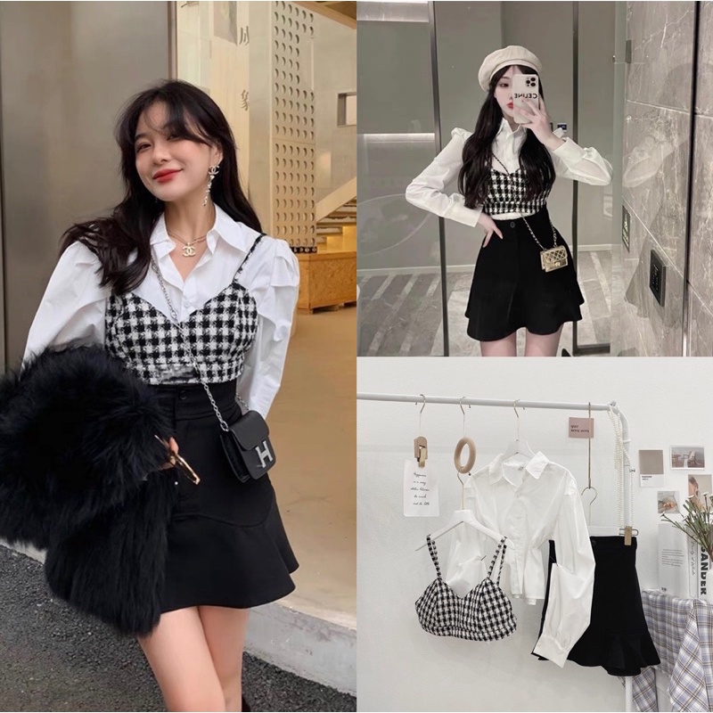 [NEW]SET 3CT áo sơmi mix chân váy đuôi cá+áo 2s kẻ gingham thời thượng
