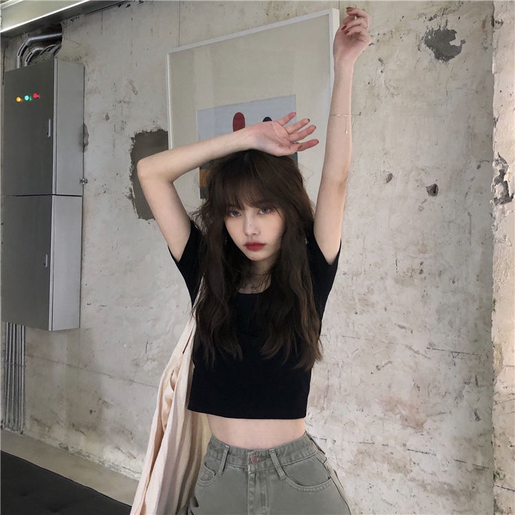 Áo Thun Lửng Ngắn Tay Dáng Ôm Thời Trang Hàn Quốc Gợi Cảm Cho Nữ