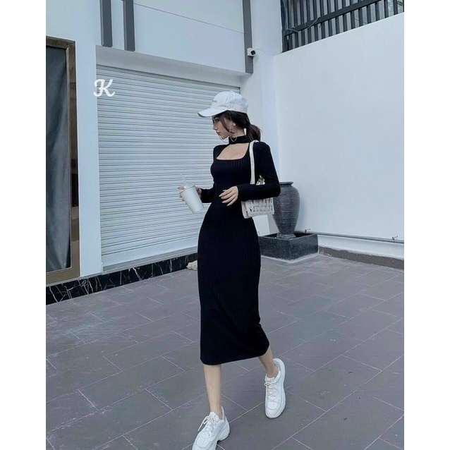 {Freeship} Đầm Body Thun Borip Dáng Dài tay Dài cổ choker