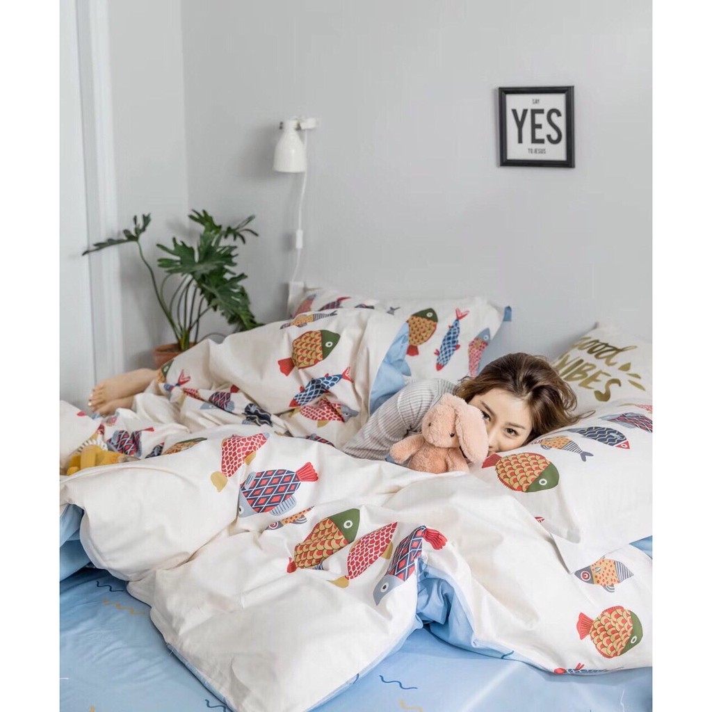 Bộ chăn ga gối cotton poly cá bảy màu
