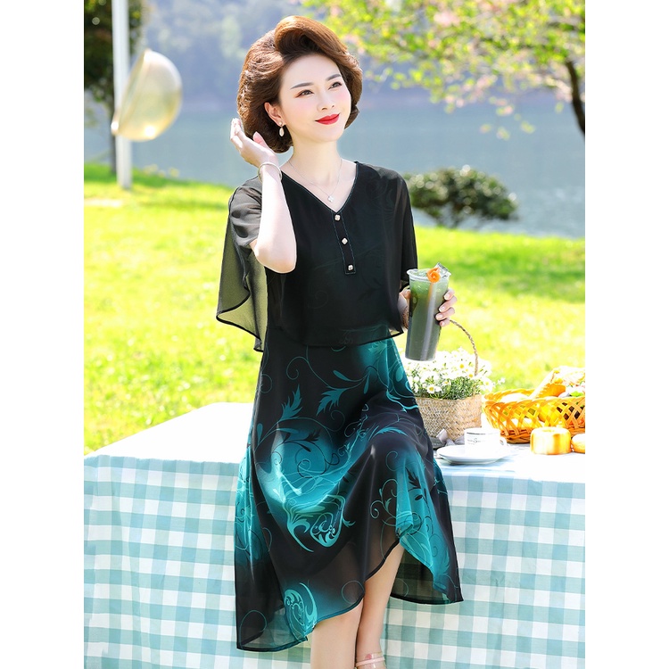 Đầm Chiffon Tay Ngắn Viền Bèo Thời Trang Mùa Hè Cho Phụ Nữ Trung Niên