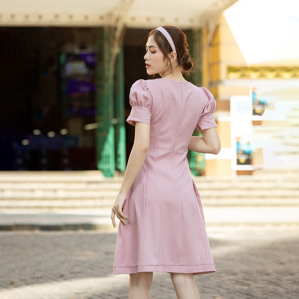 Đầm xòe chữ a tay phồng xếp li thời trang Eden cỗ tròn có túi chất liệu mềm mát không nhăn co giãn nhẹ - D437