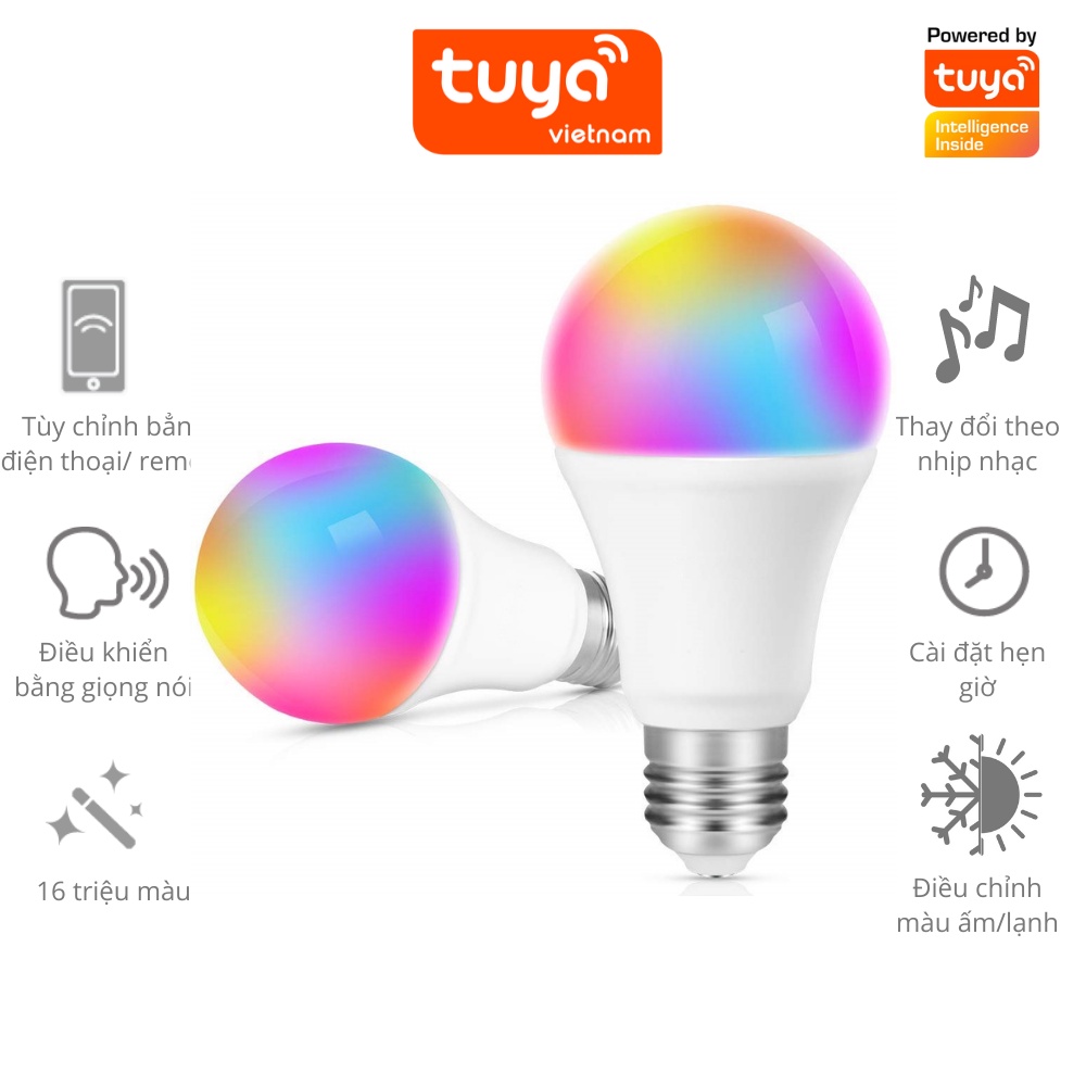 Bóng Đèn Thông Minh TUYA 9W Wifi - Đa Sắc 16 Triệu Màu, Nháy Theo Nhịp Nhạc, Điều Khiển Bằng Giọng Nói, BH 1 Năm