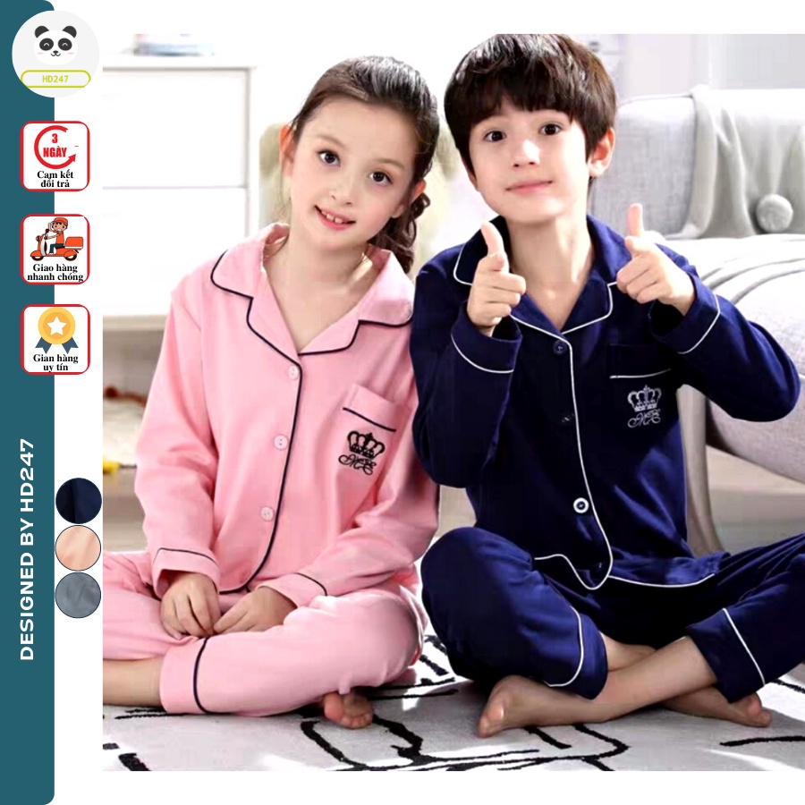 đồ bộ pijama mặc nhà bé gái phi lụa mờ dài tay in vương miện xinh xắn từ 14 đến 40kg 0205