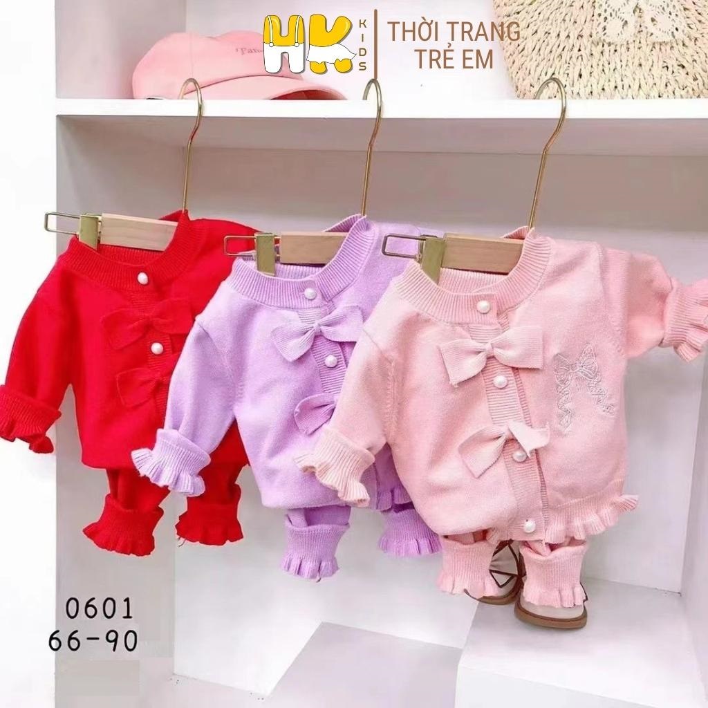 Bộ quần áo len cho bé gái HK KIDS kiểu đính nơ, chất len cao cấp mềm mịn đanh lì size cho bé từ 0 đến 3 tuổi (mã 0601)