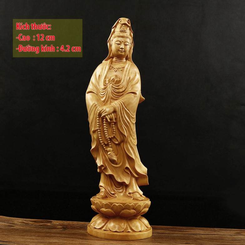 Tượng Phật Quan Âm đứng đài sen bằng gỗ Hoàng Dương MSPC012 (tượng để xe cao 12cm) - HÀNG CHẤT LƯỢNG NHƯ HÌNH