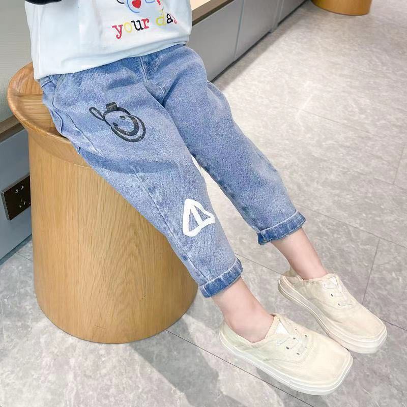 Quần jean dài dáng rộng in hoạt hình kiểu Hàn Quốc thời trang mùa hè cho bé gái