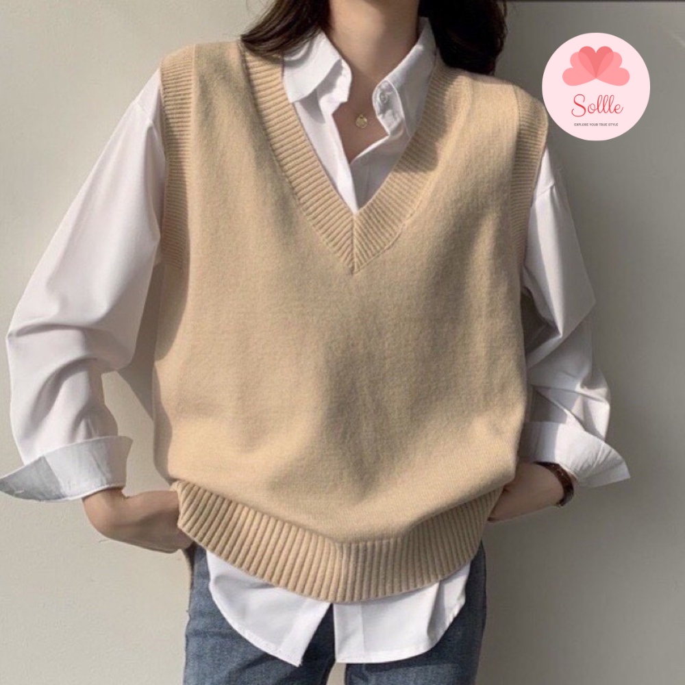 Áo gile nữ len trơn cổ V form rộng unisex Hàn Quốc free size nhiều màu ulzzang Sollle