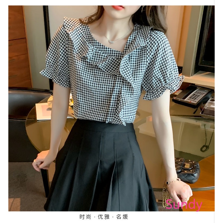 Áo Sơ Mi Chiffon Tay Ngắn Phối Bèo Họa Tiết Sọc Caro Thời Trang Mùa Hè Cho Nữ