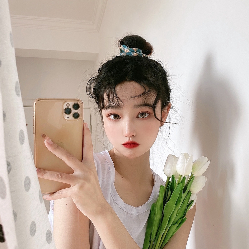 SUXI Dây buộc tóc kẻ sọc thời trang Hàn Quốc vintage