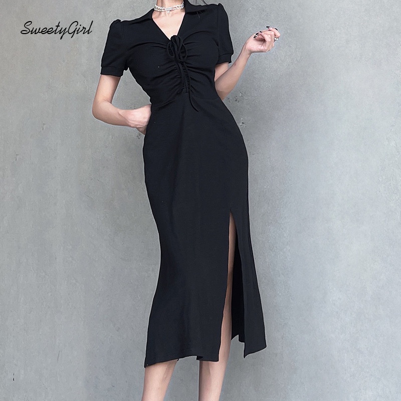 Đầm Midi Tay Ngắn Cổ Chữ V Dáng Ôm Màu Trơn Thời Trang Quyến Rũ Cho Nữ 2022