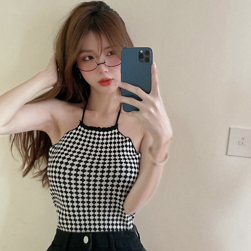 Áo croptop dệt kim hai dây dáng ôm họa tiết sọc caro thời trang quyến rũ cho nữ