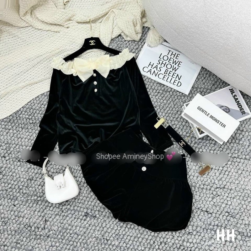 Áo nhung trễ vai nơ sang chảnh, Áo nhung nữ dài tay Amineyshop