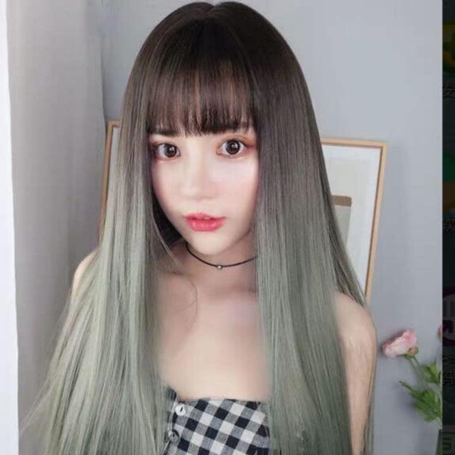 Tóc giả thẳng❤️freeship 50k❤️ omber đen xanh xám cao cấp- tặng lưới chùm tóc