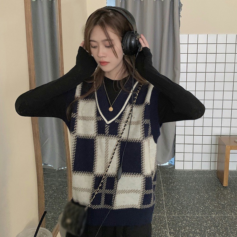 Áo len không tay cổ chữ V họa tiết sọc caro thời trang cho nữ