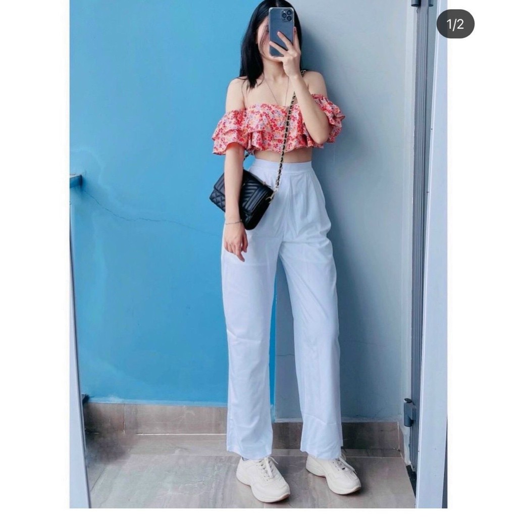 Set áo crop hoa bẹt vai + quần ống rộng  KÈM ẢNH THẬT  BAO KIỂM ❌