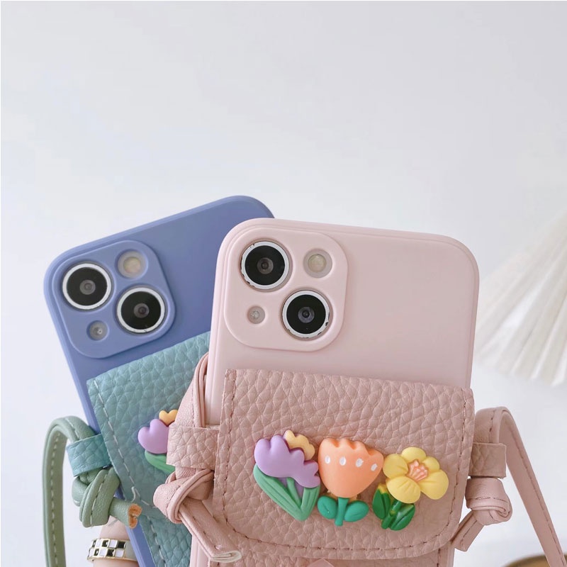 Ốp Điện Thoại Da Dạng Ví Hình Hoa Có Dây Đeo Chéo Cho Iphone 13 12 Mini 13Pro 12 11 Pro Max 12Pro 13 Pro Max