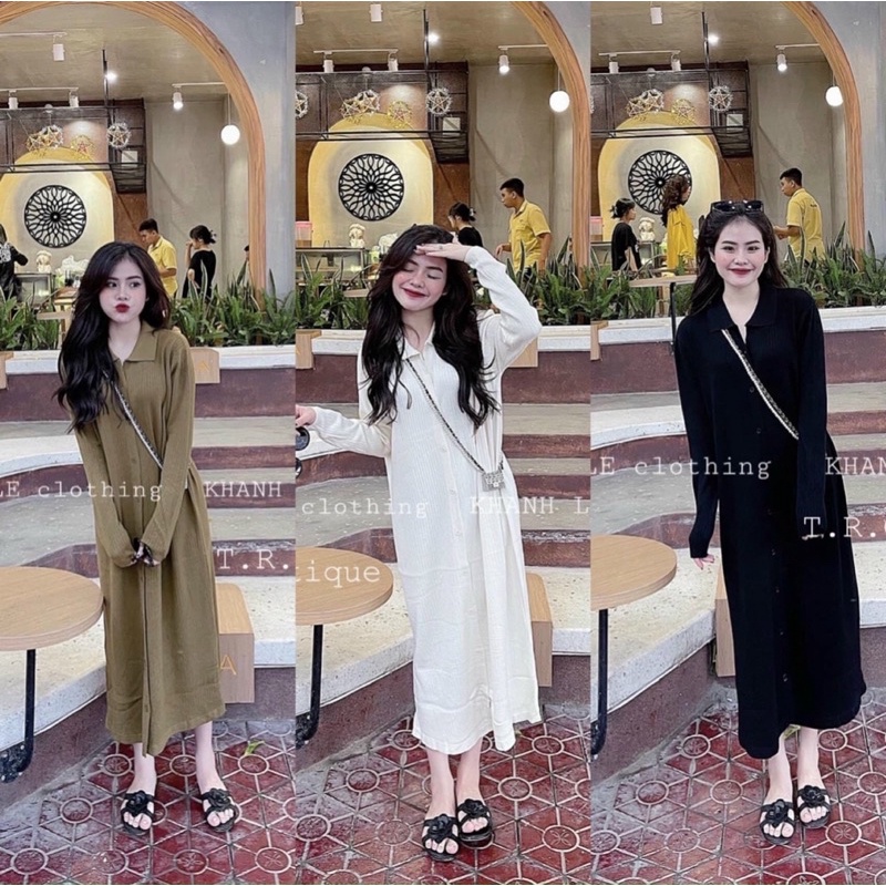 Váy len suông khuy dọc cổ bẻ dài tay cực hot bầu bí bigsize mặc được hàng QCL1