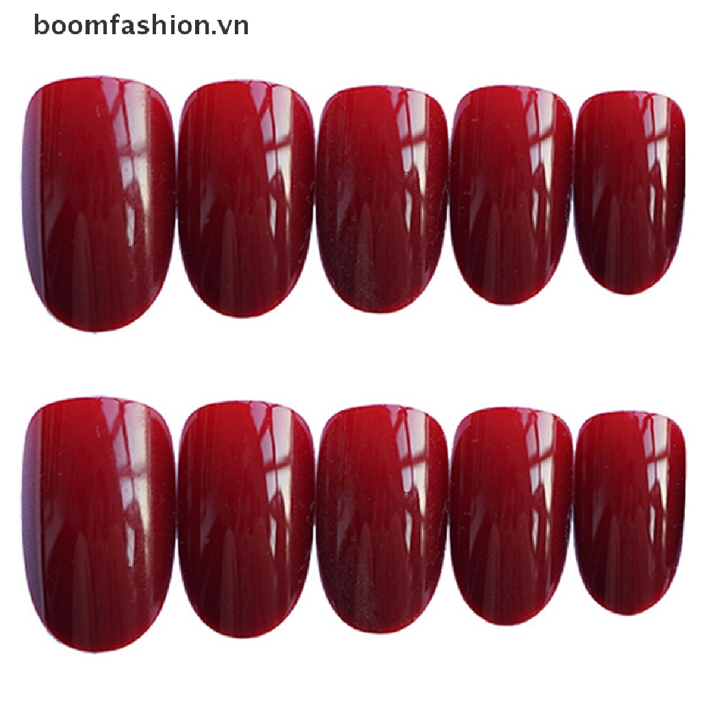 Set 24 Móng Tay Giả Đầu Tròn Màu Đỏ Rượu Vang Kèm Keo Dán